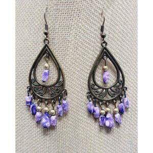 Vintage Brass Tone Pink & Purple plastic beaded Boho Dangly Earrings